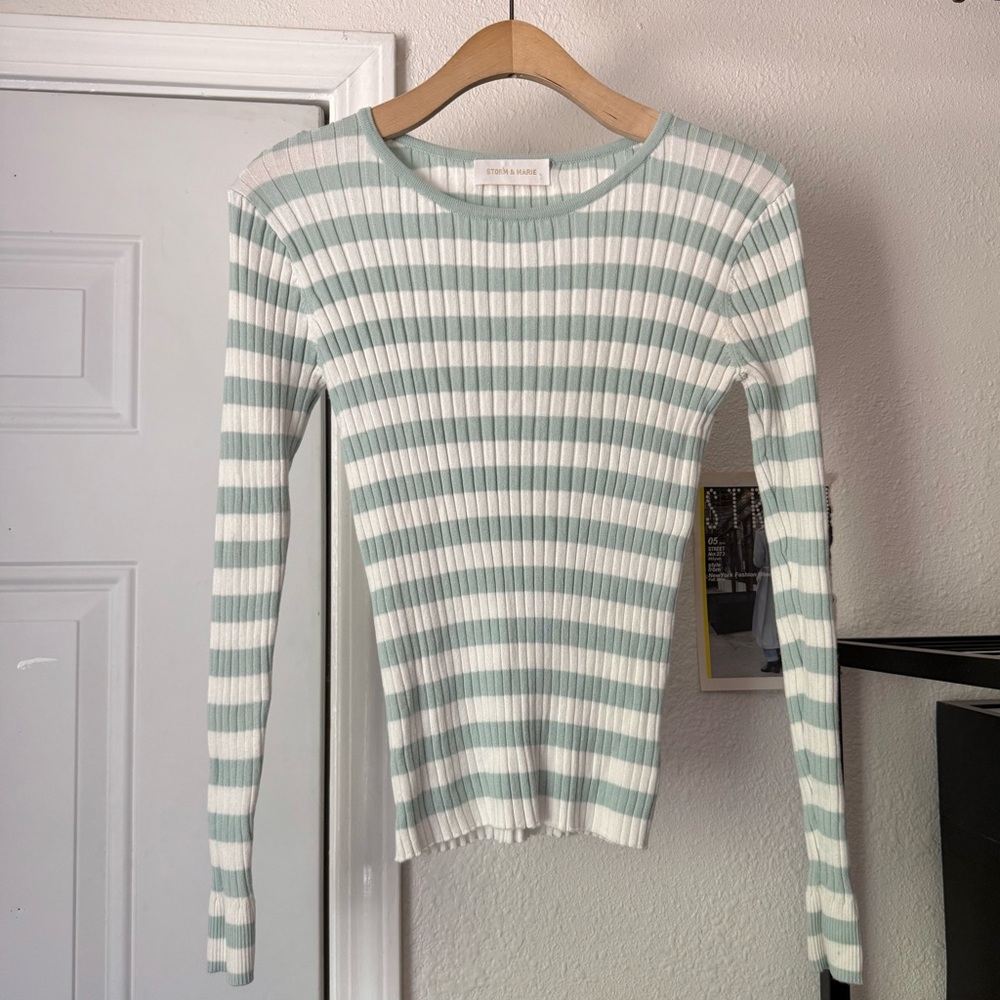 STORM & MARIE sage green white striped rib knit stretchy long sleeve sweater tee
